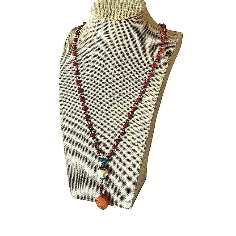 Whimsical Stone & Beaded Necklace Boho Orange & Turquoise Lobster Claw Closure
